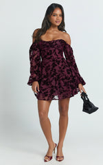 Jessell Mini Dress - Long Sleeve Cowl Corset Dress in Wine Burnout
