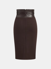 Faux Leather Panel Midi Skirt with Belt