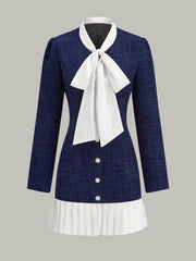Pleated Hem Bow Neckline Tweed Mini Dress