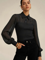 Ribbed Panel Semi-Sheer Long-Sleeve Shirt