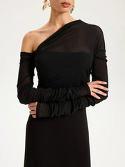 One-Shoulder Sheer Ruched Long Sleeve Maxi Dress