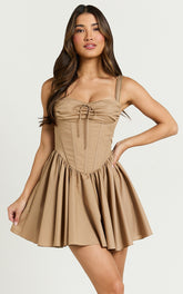 Jonas Mini Dress - Corset Ruched Lace Trim Dress in Neutral