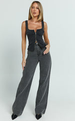 Bellerose Top - Front Zip Denim Fitted Top in Washed Black