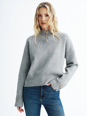 Button Detail Stand Collar Casual Sweater