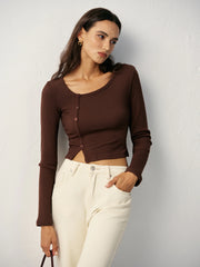 Asymmetric Button Detail Ribbed T-Shirt