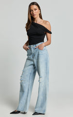 Cate Jeans - Baggy High Waist Ripped Wide Leg Recycled Denim Jeans in Light Blue Wash