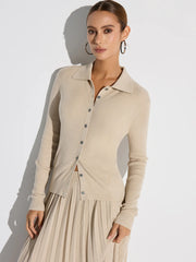 Ribbed Wool Blend Polo Collar Cardigan