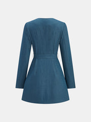 Square-Neck Belted Metal Button Mini Dress