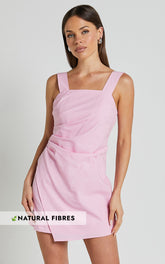 Abby Mini Dress - Straight Neck Wide Strap Wrap Dress in Pink