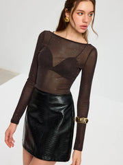 Sheer Mesh Glitter Long Sleeve T-Shirt