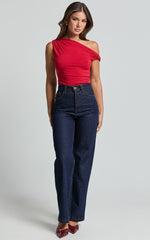 Jialeen Top - Off Shoulder Twist Asymmetrical Sleeve Top in Red