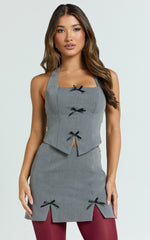 Cartia Two Piece Set - Bow Front Square Neck Vest And Fitted Double Leg Split Skirt Set in Grey
