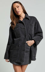 Harlow Jacket - Oversized Long Sleeve Denim Jacket in Black Wash