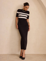 Contrast Striped Short Sleeve Ribbed Midi Dress