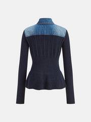 Denim Collar Cable Knit Button-Front Peplum Cardigan