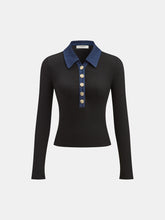 Contrast Collar Metal Button Ribbed Knit T-Shirt