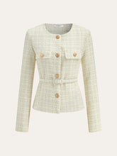 Metal Button Tweed Belted Blazer
