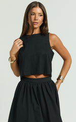 Vicky Top - Linen Shift Key Hole Crop Top in Black