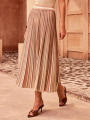 Color-Block Striped Pleated Midi Skirt