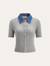 Metal Button Denim Collar Cable-Knit Top