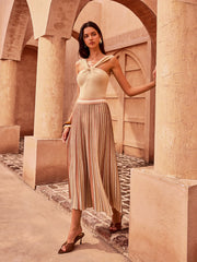 Color-Block Striped Pleated Midi Skirt