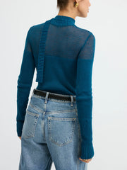 Sheer Panel Tie Neck Wool Blend Knit Top