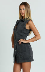 Jasse Mini Dress - Button Through Denim Dress in Washed Black