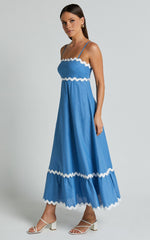 Moriseth Midi Dress - Linen Sleeveless Fit Flare Dress in Blue