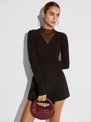 Sheer Mesh Neckline Ribbed Blouse