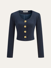 Ribbed Crew Neck Metal Button Blouse