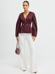 Metal Button Puff Sleeve Peplum Blazer