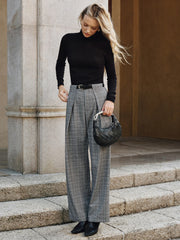 Pleated Plaid Belted Wide-Leg Pants