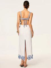 Semi-Sheer Floral Embroidery Back Bow Maxi Dress