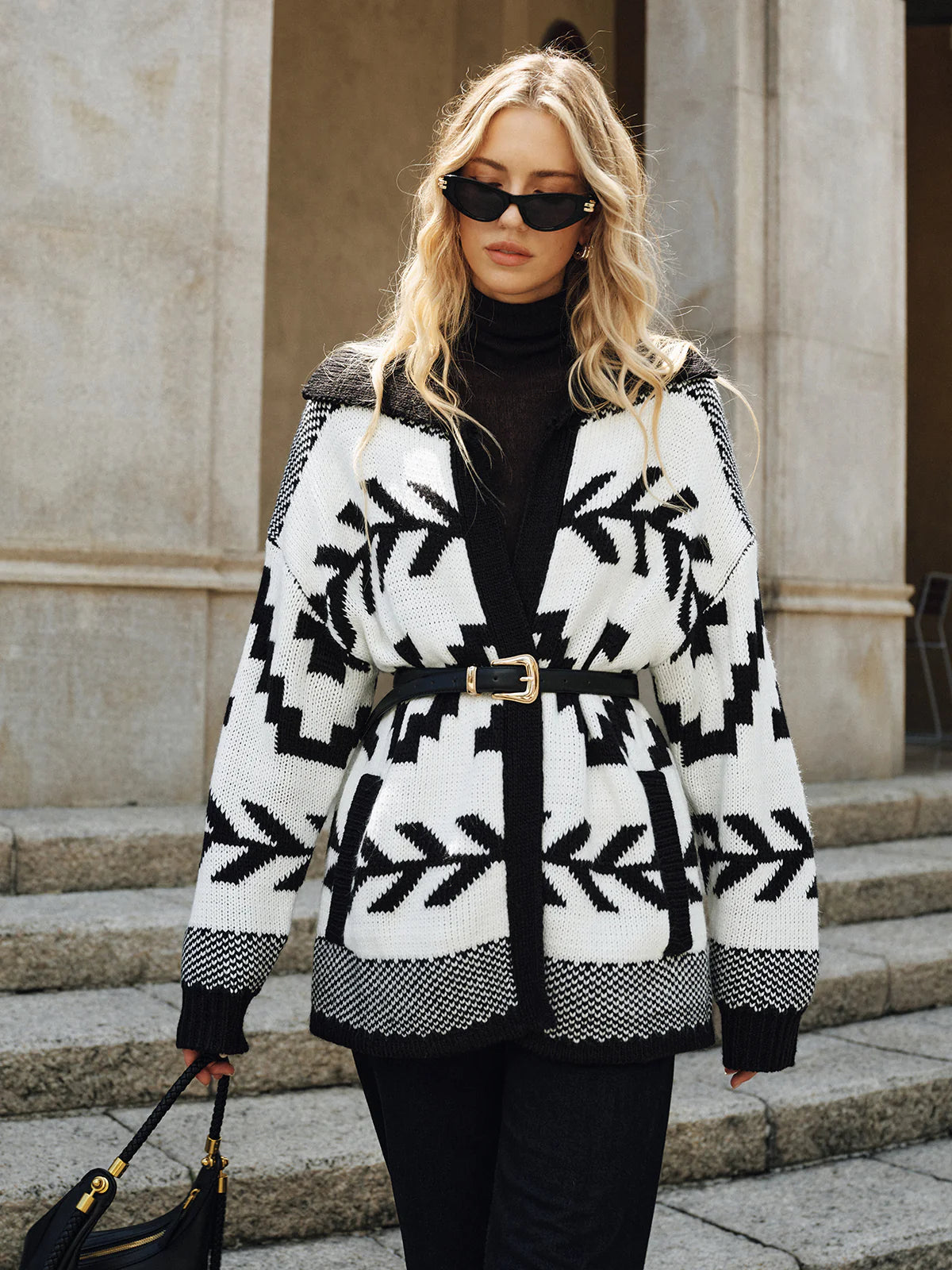 Geometric Pattern Collared Knit Cardigan without Belt