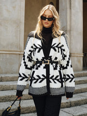 Geometric Pattern Collared Knit Cardigan without Belt