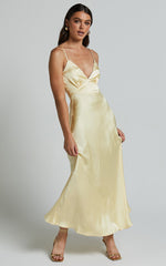 Lorenzia Maxi Dress - Plunge Corset Underbust Detail Satin Dress in Lemon