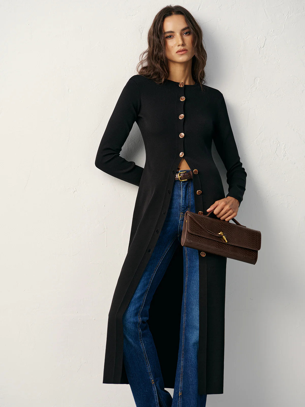 Button-Front Maxi Knit Cardigan Dress