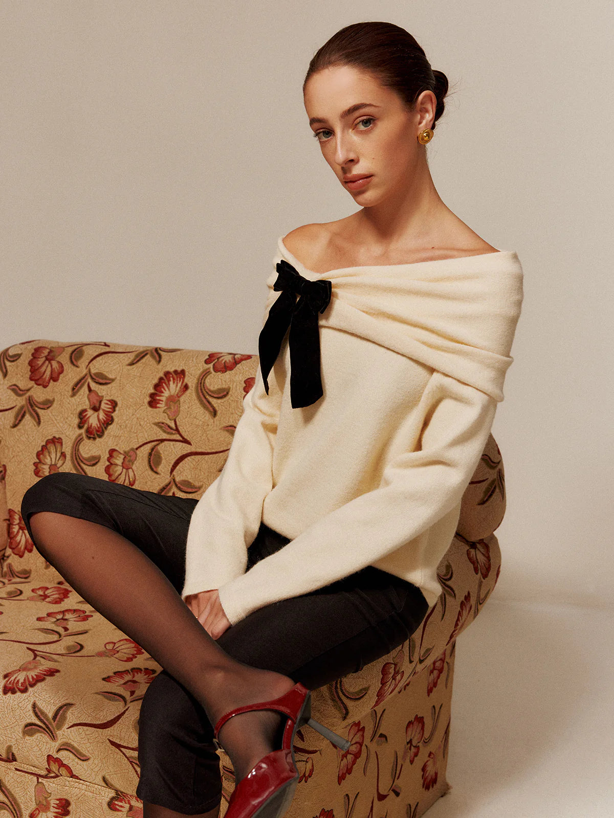 Velvet-Bow Off-Shoulder Ruched Sweater