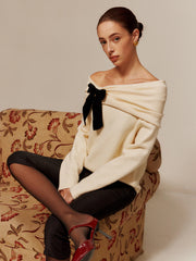 Velvet-Bow Off-Shoulder Ruched Sweater