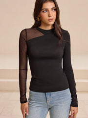 Asymmetrical Sheer Panel Long Sleeve T-Shirt