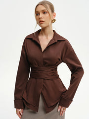 Long-Sleeve Wrap-Waist Back-Bow Shirt