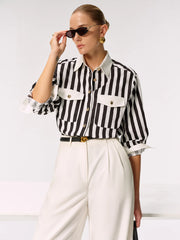 Cotton Blend Striped Metal Button Shirt