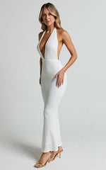 Ada Maxi Dress - Halter Plunge Textured Jersey Open Back Dress in White