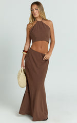 Chelsea Two Piece Set - Linen Halter Neck Top and Bias Cut Sheer Maxi Skirt in Chocolate
