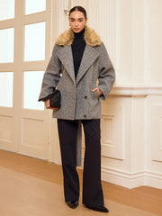 Belted Faux Fur Collar Tweed Coat
