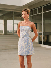 Jacquard Collarless Short Dress With Belt