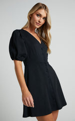 Rochelle Mini Dress - V Neck Button Through Dress in Black
