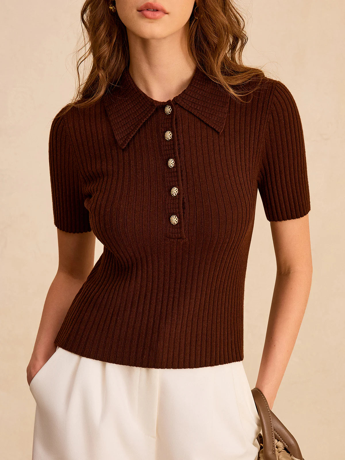 Metal Button Ribbed Knit Polo Top