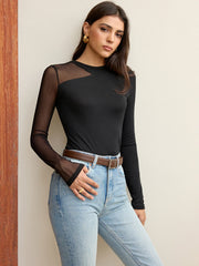 Asymmetrical Sheer Panel Long Sleeve T-Shirt