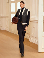 Shearling Trim Zip-Up Faux Leather Vest